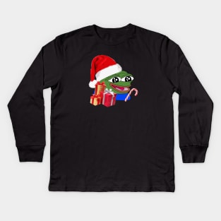 Christmas Peepo Pepe The Frog Meme Happy Cute Wholesome Kids Long Sleeve T-Shirt